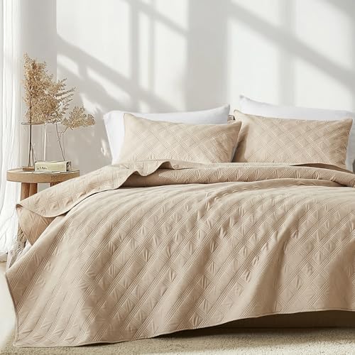 Inron Quilt Set Queen Size Beige Microfiber 1