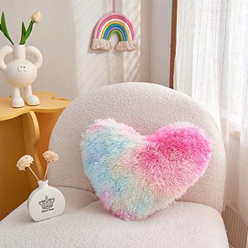 MOOWOO Fluffy Heart Pillow Rainbow Faux Fur Throw Decor 40x40cm