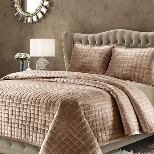 Tribeca Living Velvet Quilt Set King Size Taupe 1
