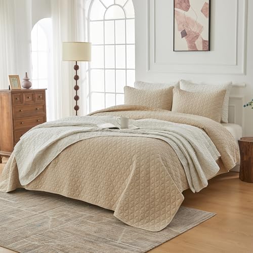 SimpleOpulence Cotton Quilt Set Queen Size Khaki 3-Piece