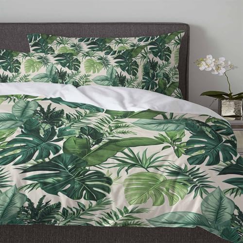 3 Piece Queen Bedding Set with Zipper Green Palm Leaf Design