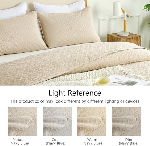 FLYMME King Quilt Bedspread Set with 2 Shams Beige Geometric Stripe Pattern
