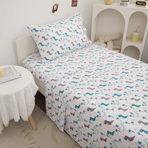 Viviland 3-Piece Kids Twin Bedding Set - Teal Grey Dinosaur Microfiber Sheets Pillowcases