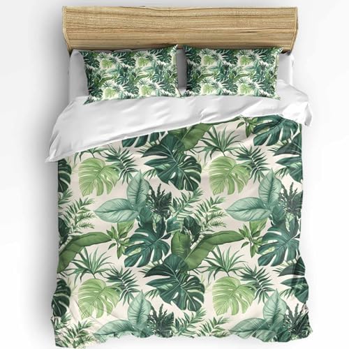 3 Piece Queen Bedding Set with Zipper Green Palm Leaf Design