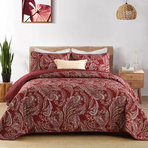 WONGS BEDDING Boho Quilt Set King 3 Piece Red Paisley