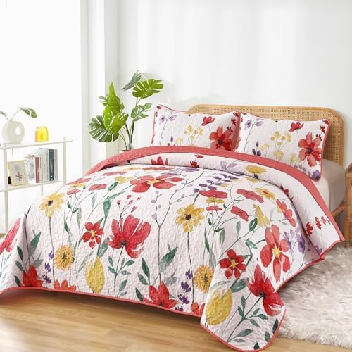 Anibedding Floral Quilt Set King Size 3-Piece Red Bedspread