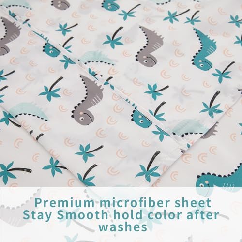 Viviland 3-Piece Kids Twin Bedding Set - Teal Grey Dinosaur Microfiber Sheets Pillowcases