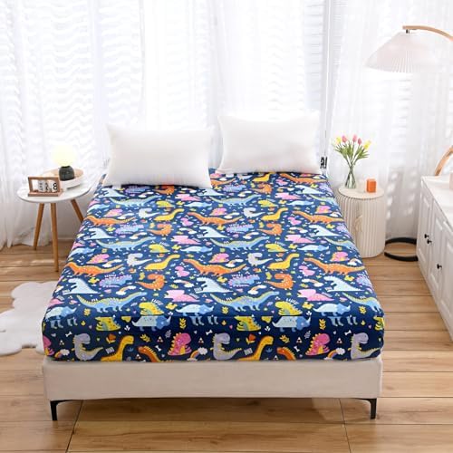 NATURETY Bed Fitted Sheet Twin Dino Printed Navy Blue