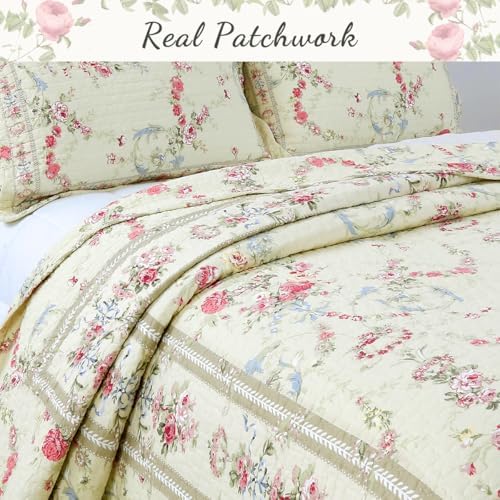 Cozy Line Khaki Cream Yellow Floral Reversible Quilt 3 Piece King Set