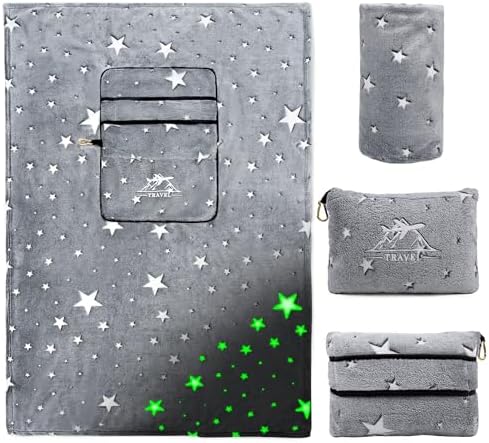 HWING Travel Blanket with Bag - Glow in The Dark Stars Pillow Set