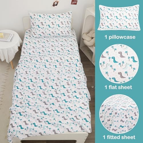 Viviland 3-Piece Kids Twin Bedding Set - Teal Grey Dinosaur Microfiber Sheets Pillowcases