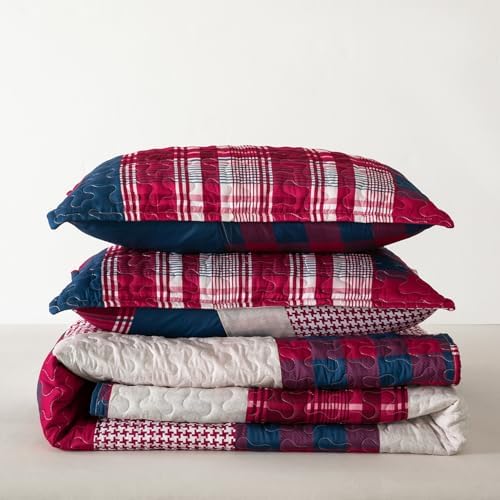 DURLENGEN Boho Quilt Set Queen 3Pcs with Red Navy Patchwork