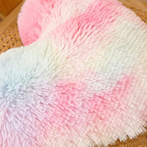 MOOWOO Fluffy Heart Pillow Rainbow Faux Fur Throw Decor 40x40cm