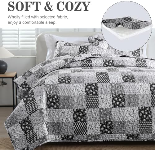 Menghomeus Boho Patchwork Quilt Set King Black Grey