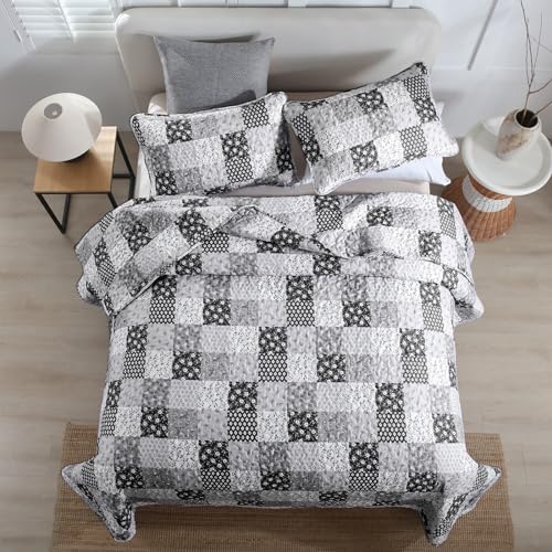 Menghomeus Boho Patchwork Quilt Set King Black Grey