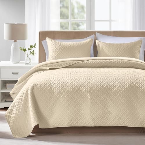 FLYMME King Quilt Bedspread Set with 2 Shams Beige Geometric Stripe Pattern