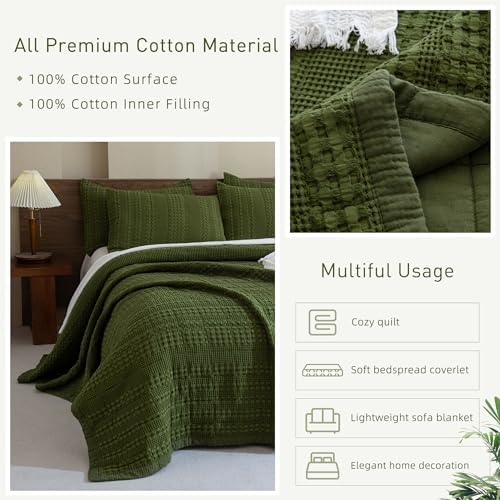 CozyTide Queen Quilt Set 3 Pieces Olive Green Waffle Weave