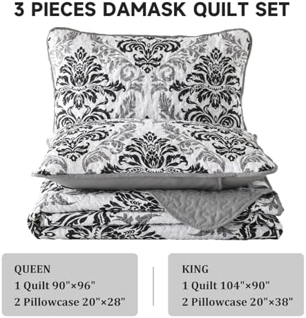 Drucon Black Quilt Set Queen Size 3 Pieces Boho Damask