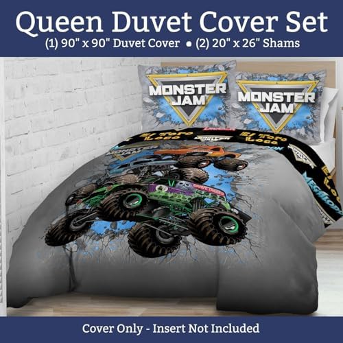 Jay Franco Duvet Cover Set Monster Jam Kids Bedding 3 Piece Grey