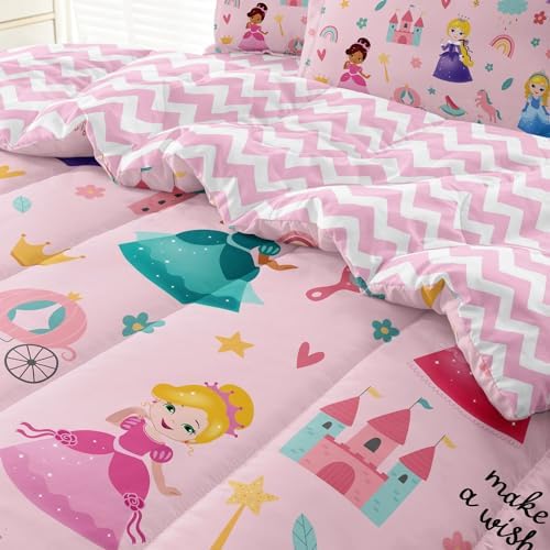 Kids Pink Princess Comforter Set Twin Bed in a Bag 5 Piece