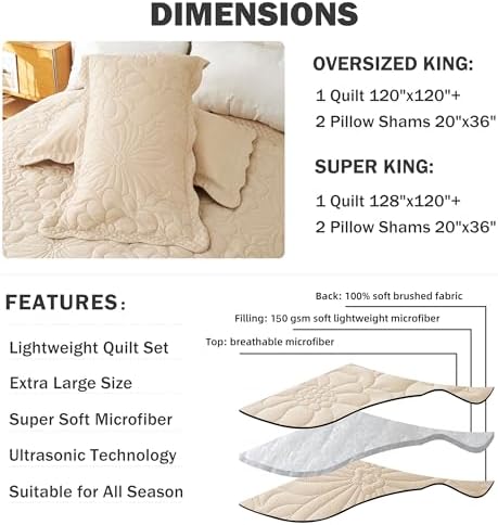 Cmfshape Oversized King Quilt Set 3 PCS - Floral Beige