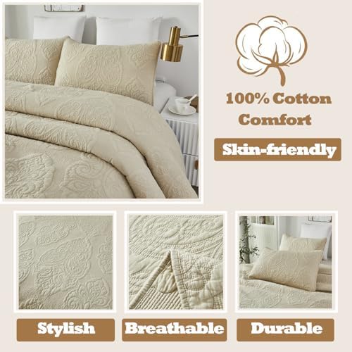 Brandream Queen Size Quilt Set 3-Piece Cotton Beige
