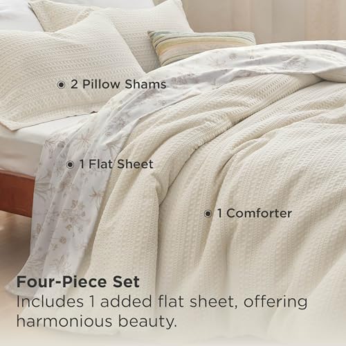 Bedsure King Comforter Set - Beige Floral 4-Piece Waffle Bedding