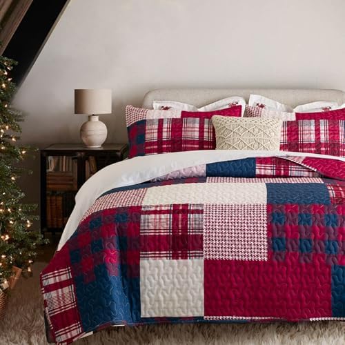 DURLENGEN Boho Quilt Set Queen 3Pcs with Red Navy Patchwork