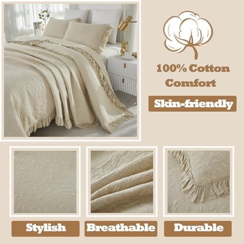 Brandream Queen Quilt Set 3-Piece Cotton Beige