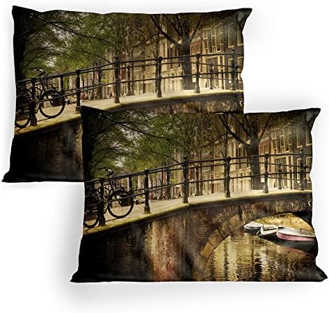 Ambesonne Landscape Pillow Sham Set of 2 Romantic Bridge Over Canal Amsterdam Cream