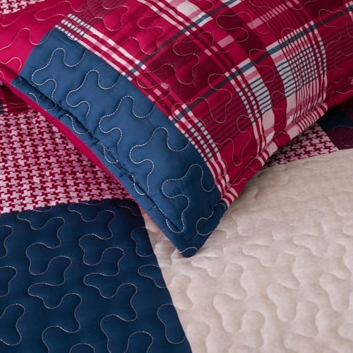 DURLENGEN Boho Quilt Set Queen 3Pcs with Red Navy Patchwork