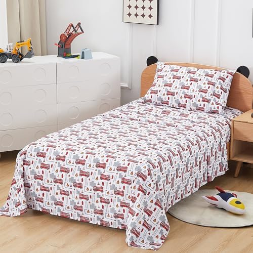 3 Piece Fire Engine Print Twin Bed Sheet Set for Kids