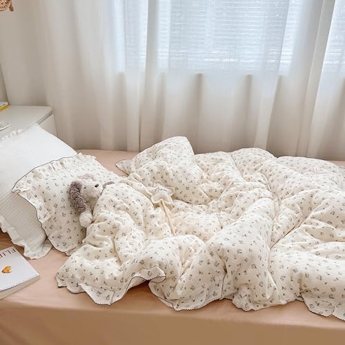 AOJIM Muslin Duvet Cover 47X59 with Ruffled Edges Rose Pattern 2-Layer Gauze