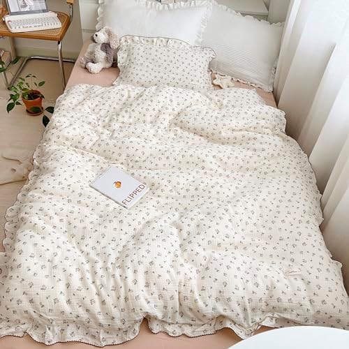 AOJIM Muslin Duvet Cover 47X59 with Ruffled Edges Rose Pattern 2-Layer Gauze