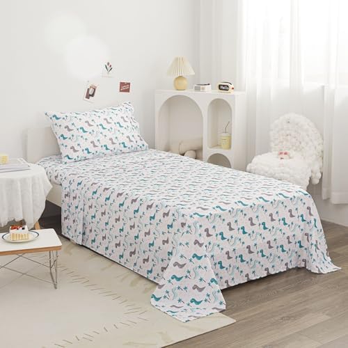Viviland 3-Piece Kids Twin Bedding Set - Teal Grey Dinosaur Microfiber Sheets Pillowcases