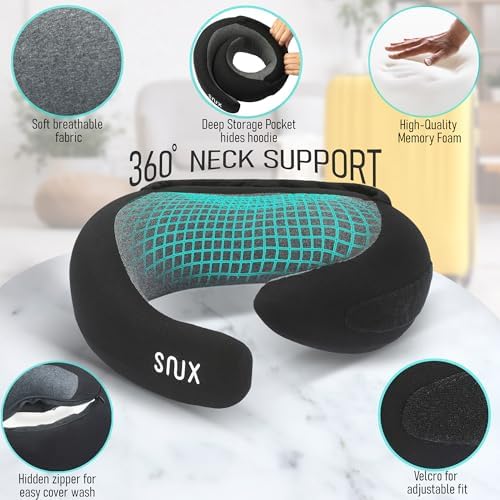 Snux Travel Neck Pillow with Hood - Memory Foam