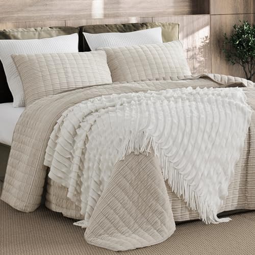 SHALALA Corduroy Quilt Queen 3-Piece Set Striped Bed Cover