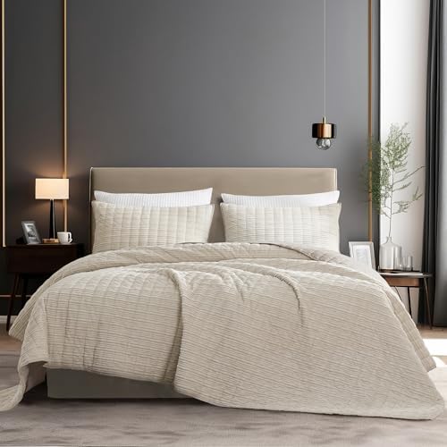 SHALALA Corduroy Quilt Queen 3-Piece Set Striped Bed Cover