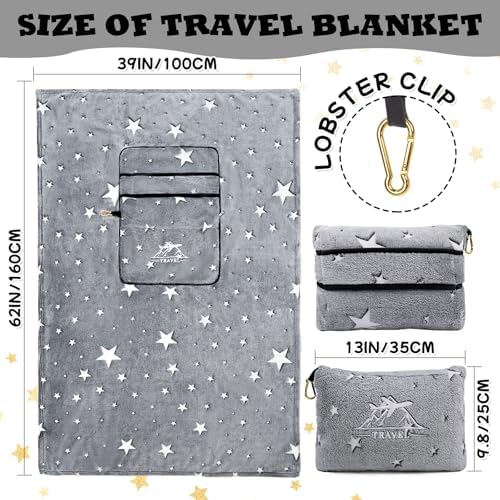 HWING Travel Blanket with Bag - Glow in The Dark Stars Pillow Set