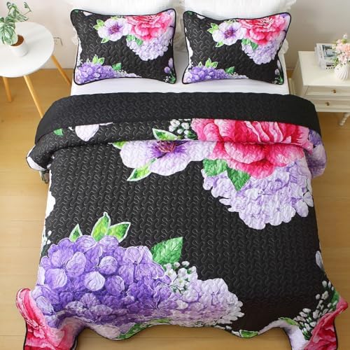 Heymybed Black Floral Queen Quilt Set 3 Pieces