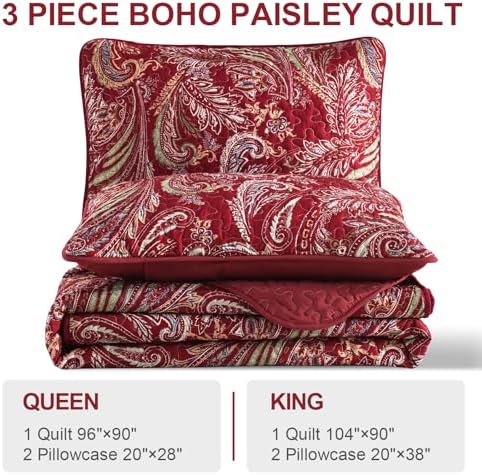 WONGS BEDDING Boho Quilt Set King 3 Piece Red Paisley
