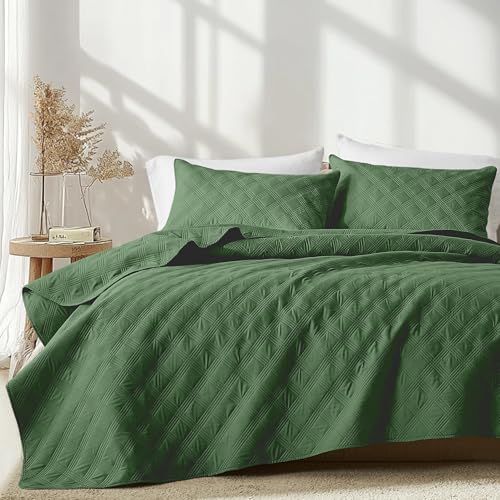 Inron Quilt Set Queen Size Olive Green Microfiber Ultrasonic Full Bedspreads