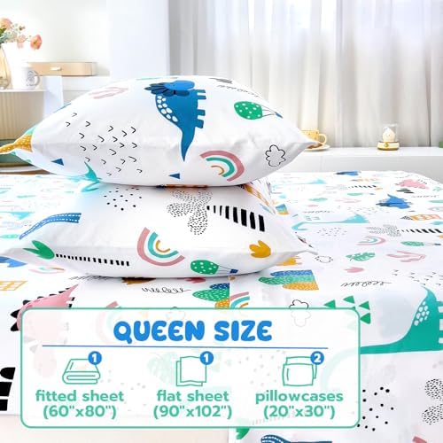 Homilay Queen Sheets Set for Kids - 4 Piece Dinosaur Pattern Bedding