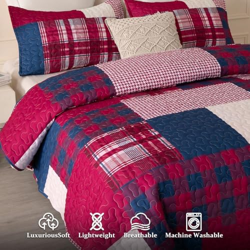 DURLENGEN Boho Quilt Set Queen 3Pcs with Red Navy Patchwork