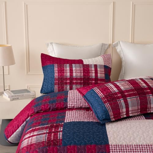 DURLENGEN Boho Quilt Set Queen 3Pcs with Red Navy Patchwork
