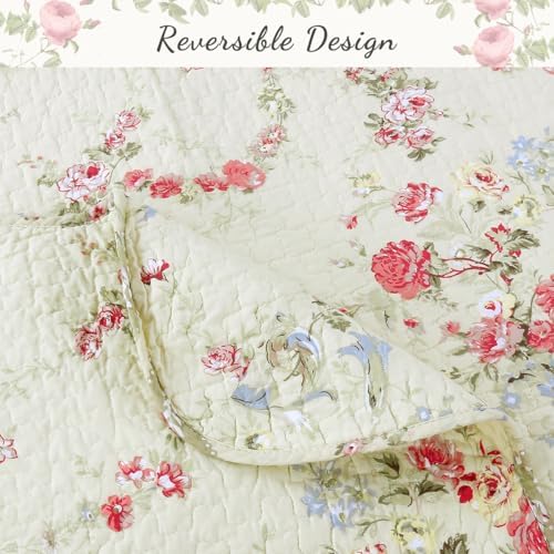 Cozy Line Khaki Cream Yellow Floral Reversible Quilt 3 Piece King Set