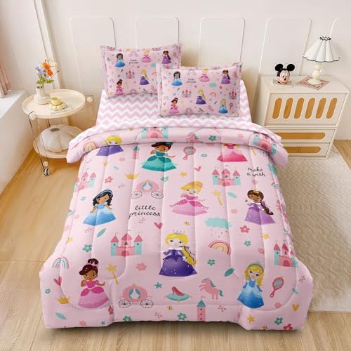 Kids Pink Princess Comforter Set Twin Bed in a Bag 5 Piece