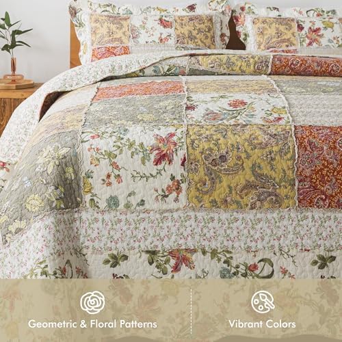 Etwel Queen Quilt Bedding Set Patchwork Lightweight Floragrid Beige Comforter