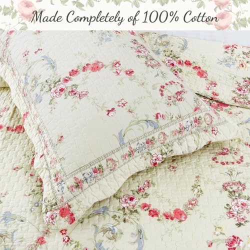 Cozy Line Khaki Cream Yellow Floral Reversible Quilt 3 Piece King Set