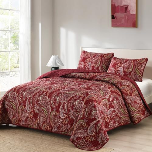 WONGS BEDDING Boho Quilt Set King 3 Piece Red Paisley